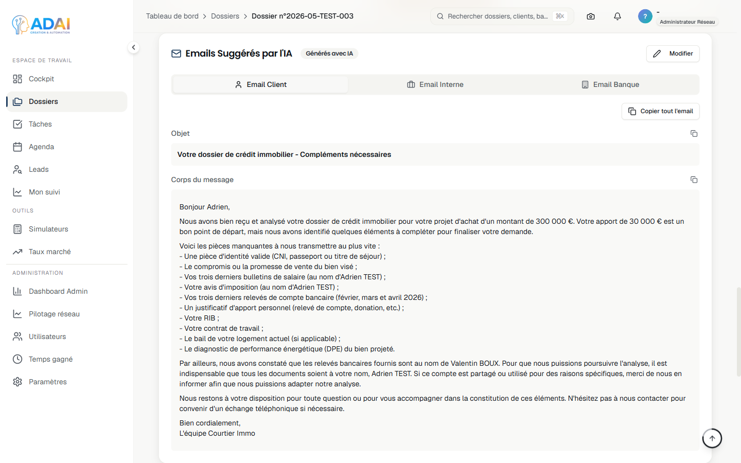 Générateur emails du dossier